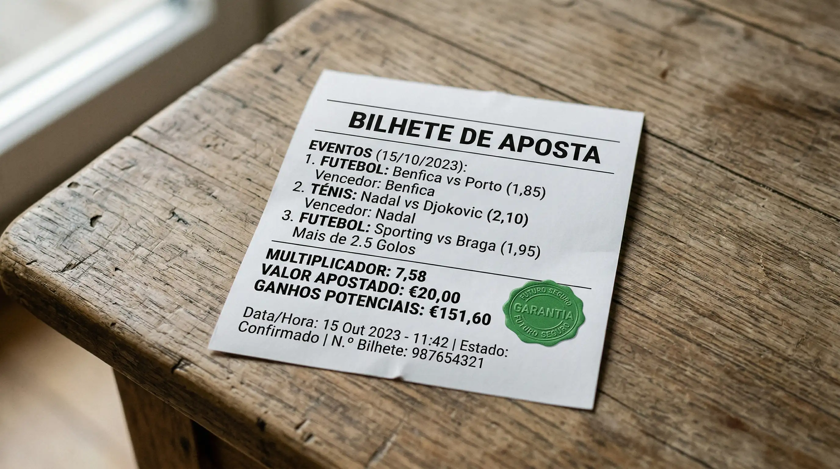 Bilhete de aposta desportiva com um selo de garantia sobre uma mesa de madeira