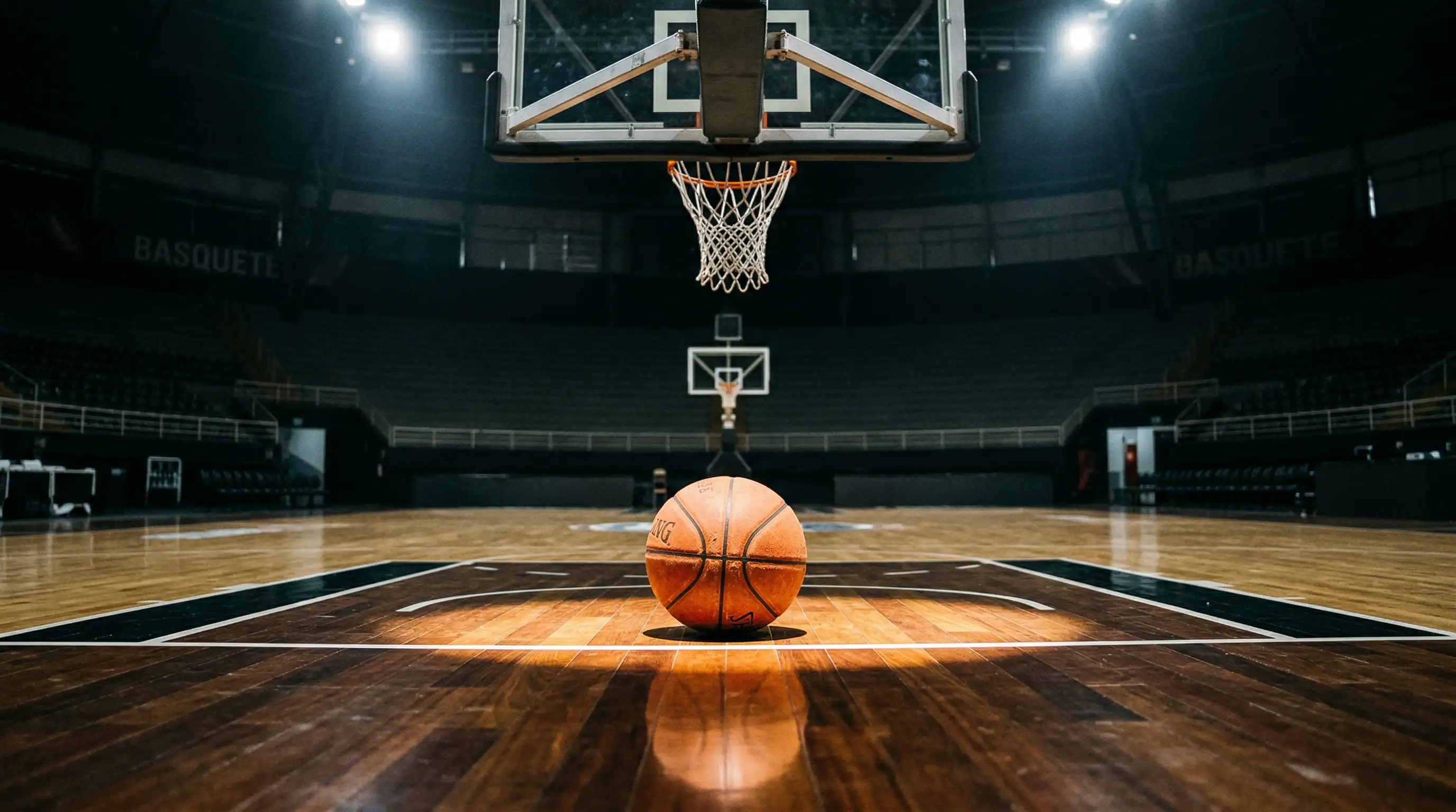 Bola de basquetebol junto a um cesto num pavilhão desportivo