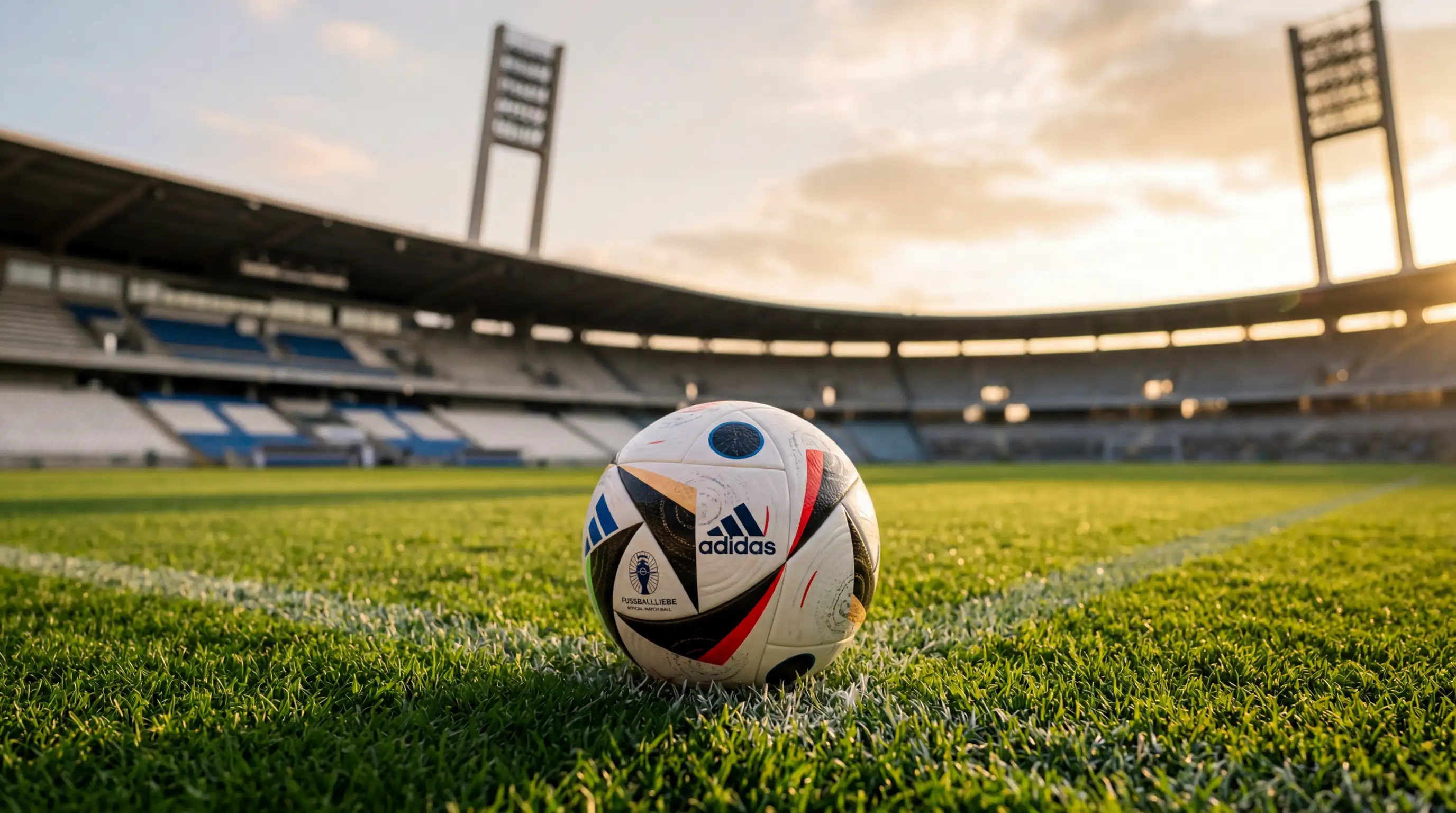 Bola de futebol num relvado de estádio com bancadas ao fundo