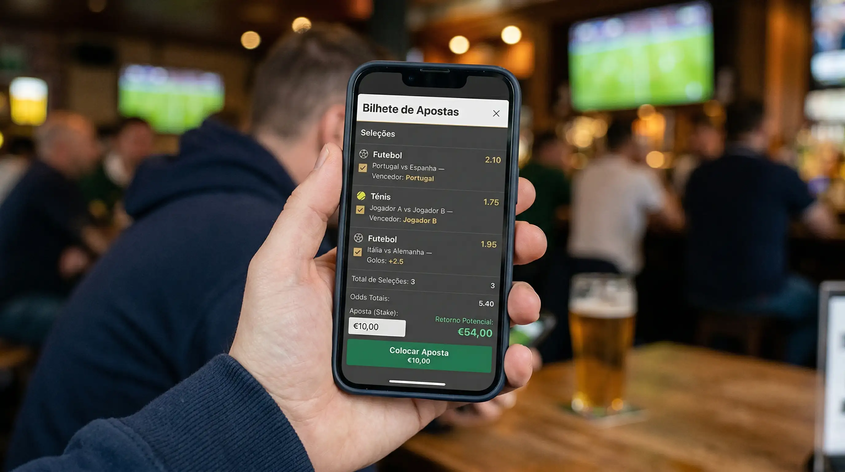 Boletim de apostas com várias seleções desportivas assinaladas num ecrã de telemóvel