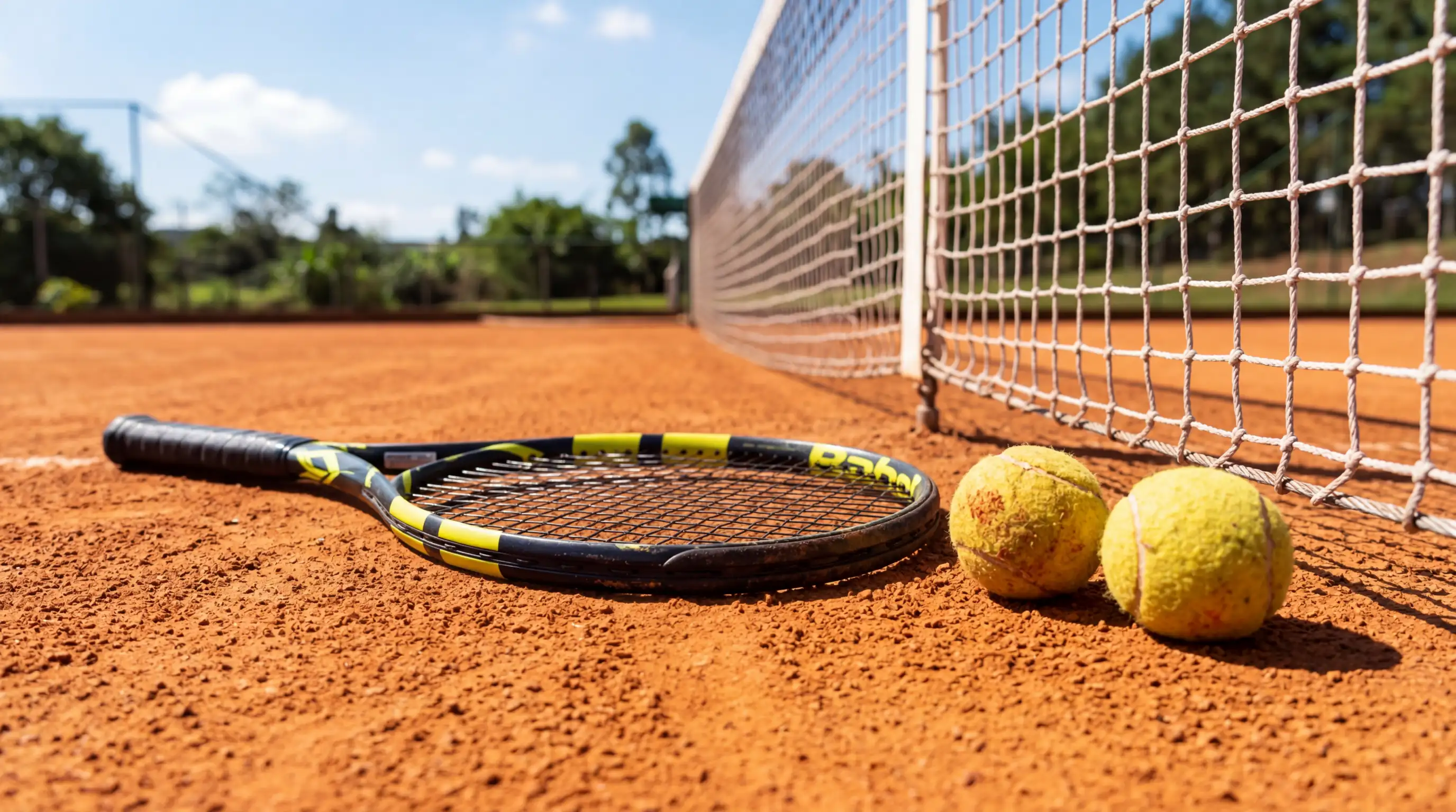 Campo de ténis com raquete e bolas junto à rede num court de terra batida