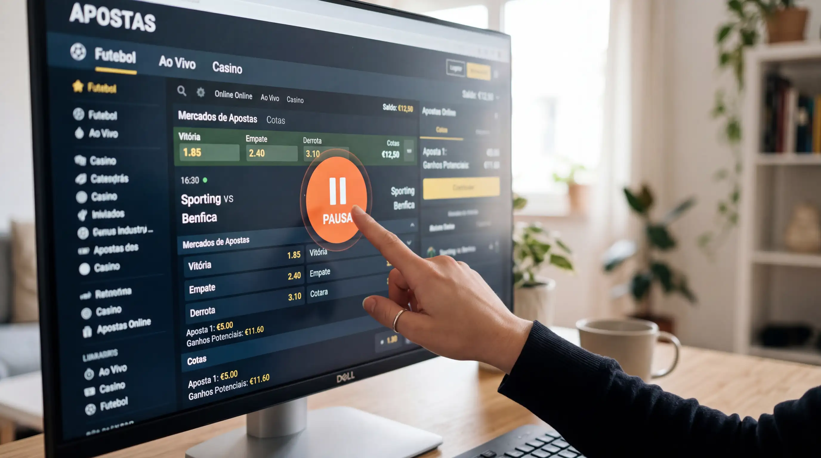 Mão a premir um botão de pausa num ecrã de computador com um site de apostas
