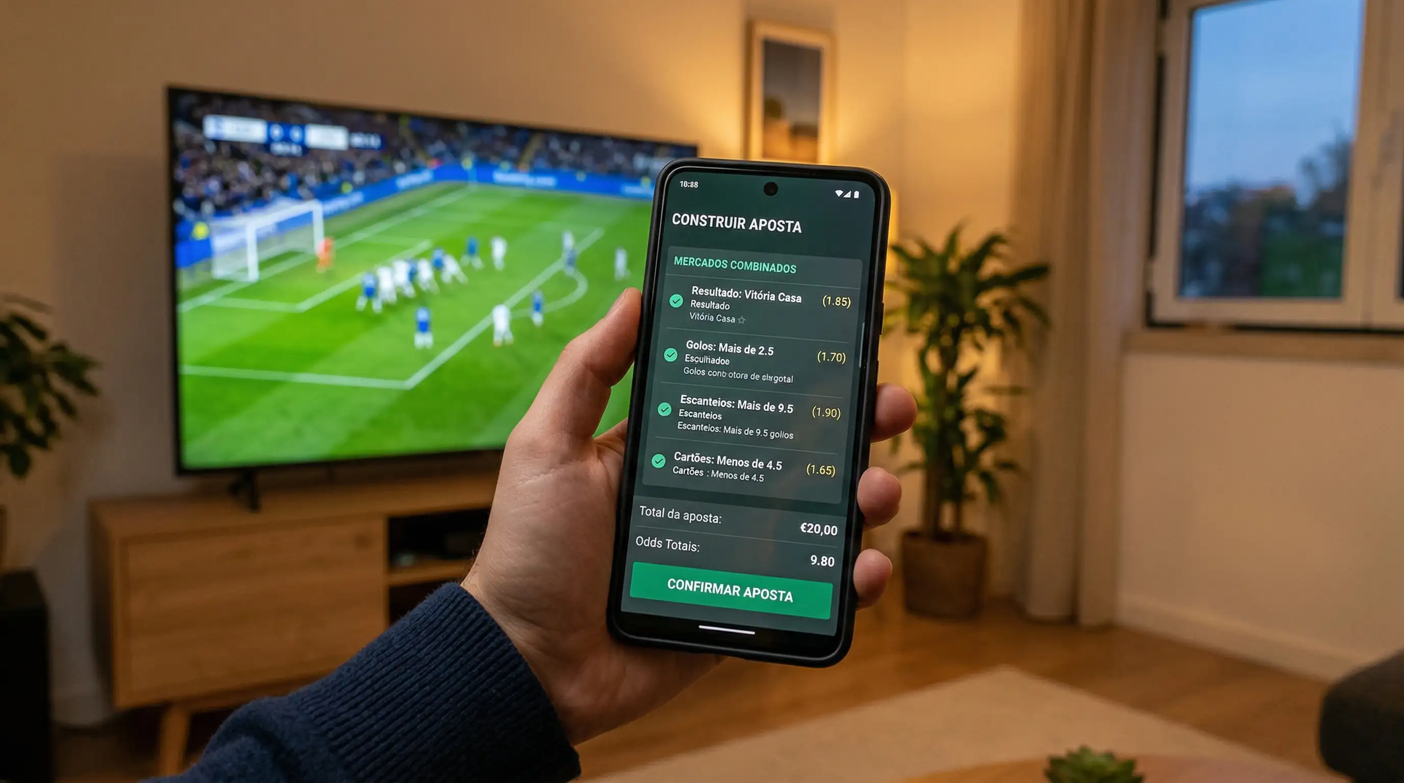 Ecrã de telemóvel com um construtor de apostas aberto durante um jogo de futebol