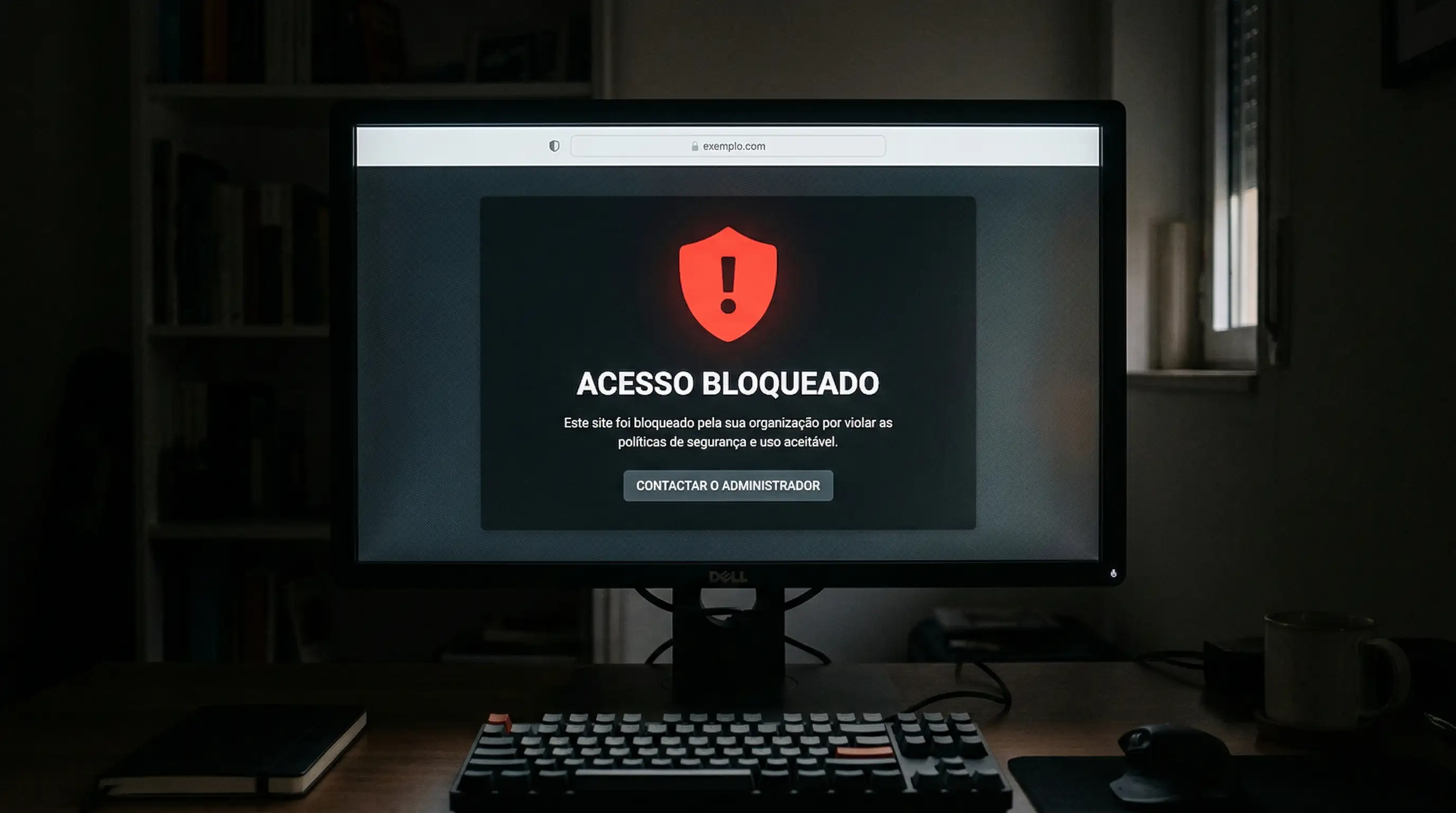 Ecrã de computador com um site de apostas bloqueado e um símbolo de aviso vermelho