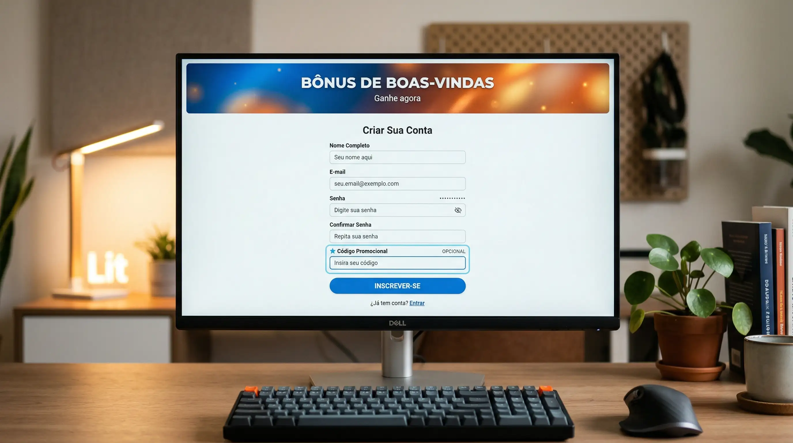 Formulário de registo online com um campo de código promocional e um bónus de boas-vindas