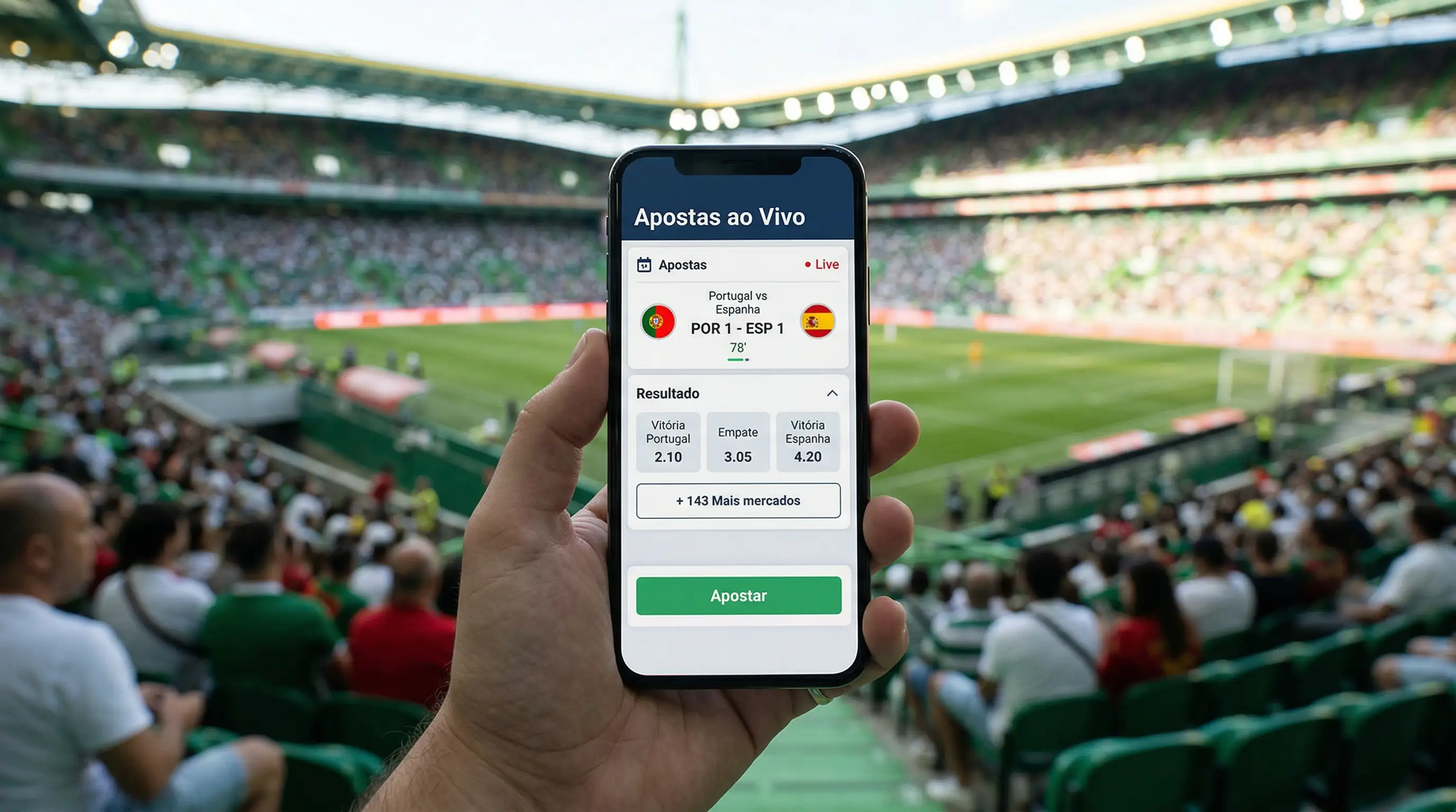 Ecrã de telemóvel com uma app de apostas desportivas aberta num estádio de futebol em Portugal