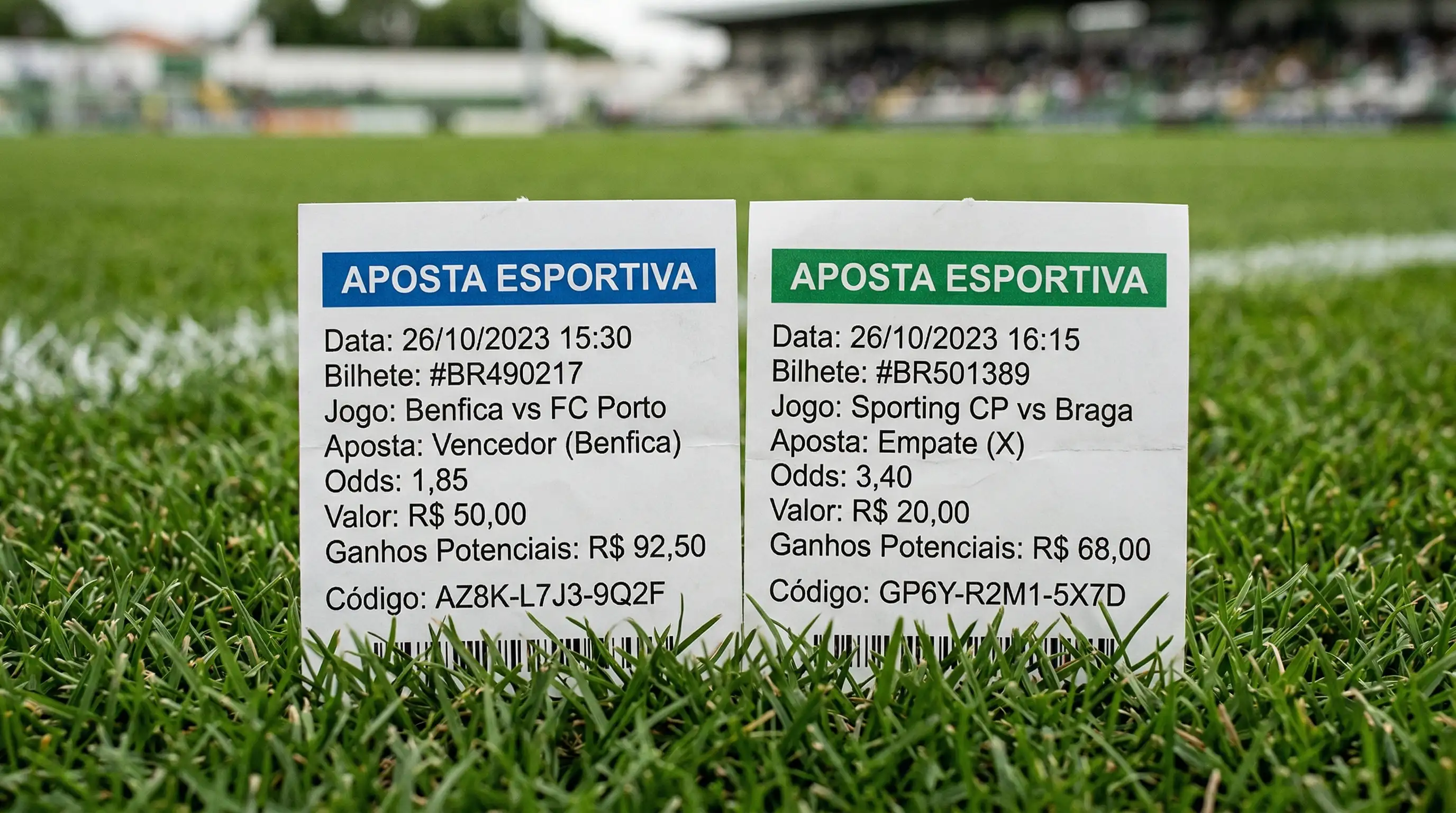 Dois bilhetes de aposta lado a lado sobre um relvado de futebol