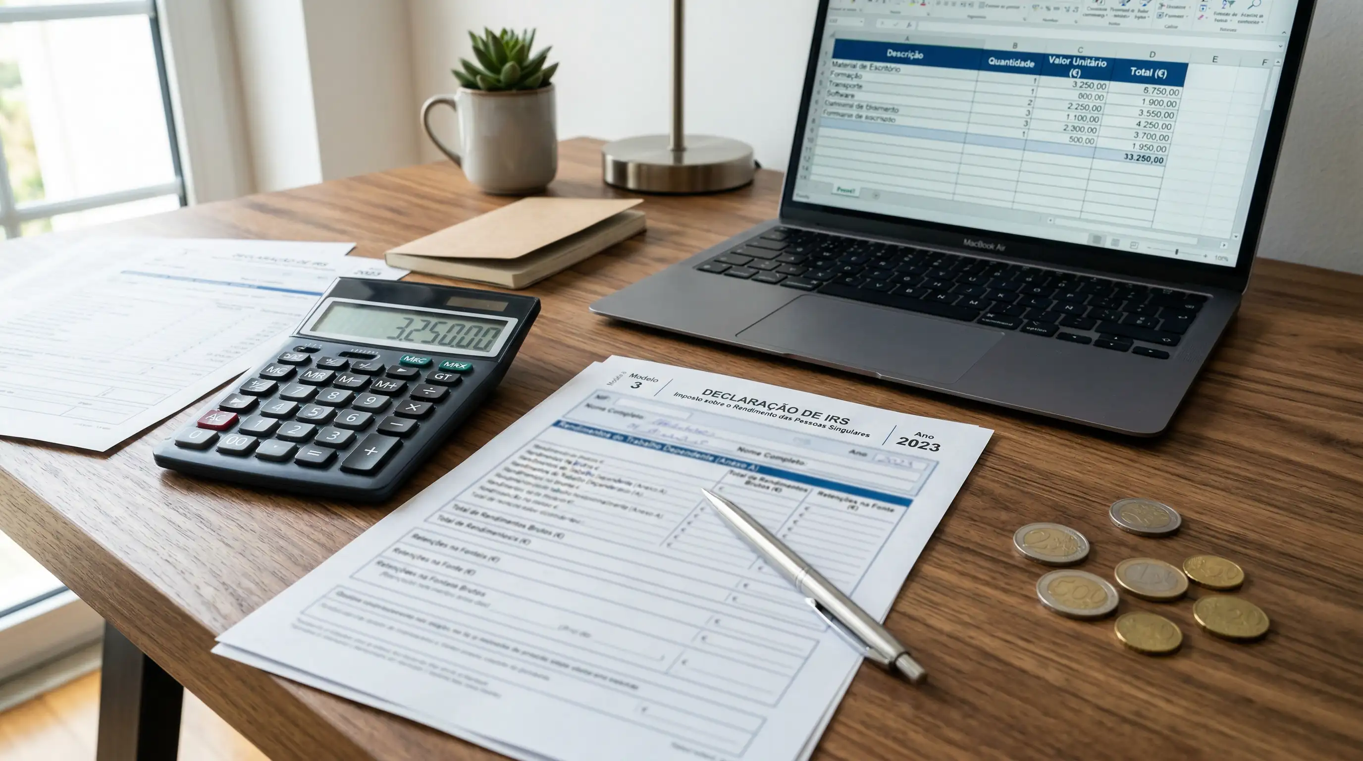 Documentos fiscais e uma calculadora sobre uma secretária com moedas de euro