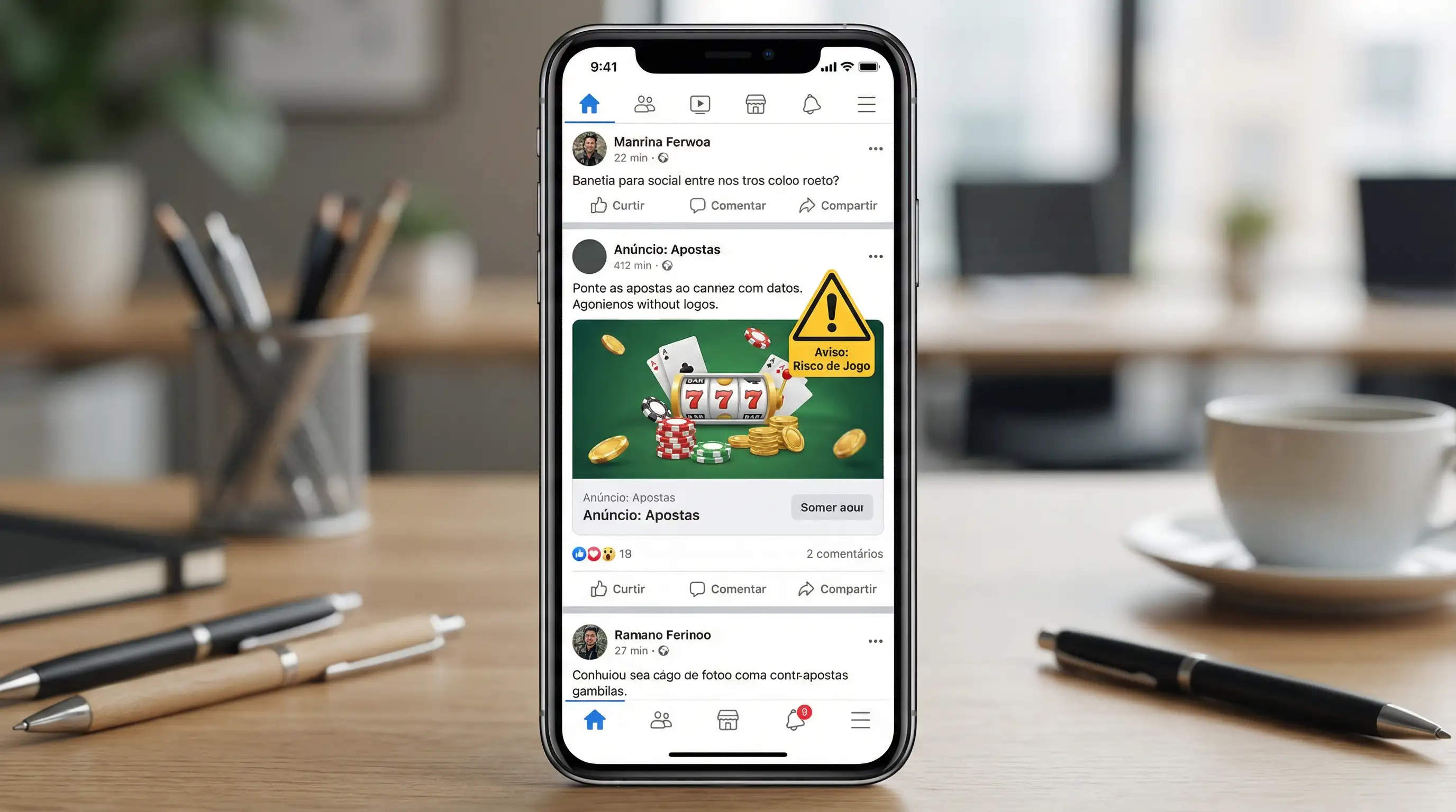 Telemóvel com uma rede social aberta e ícones de alerta sobre publicidade de apostas