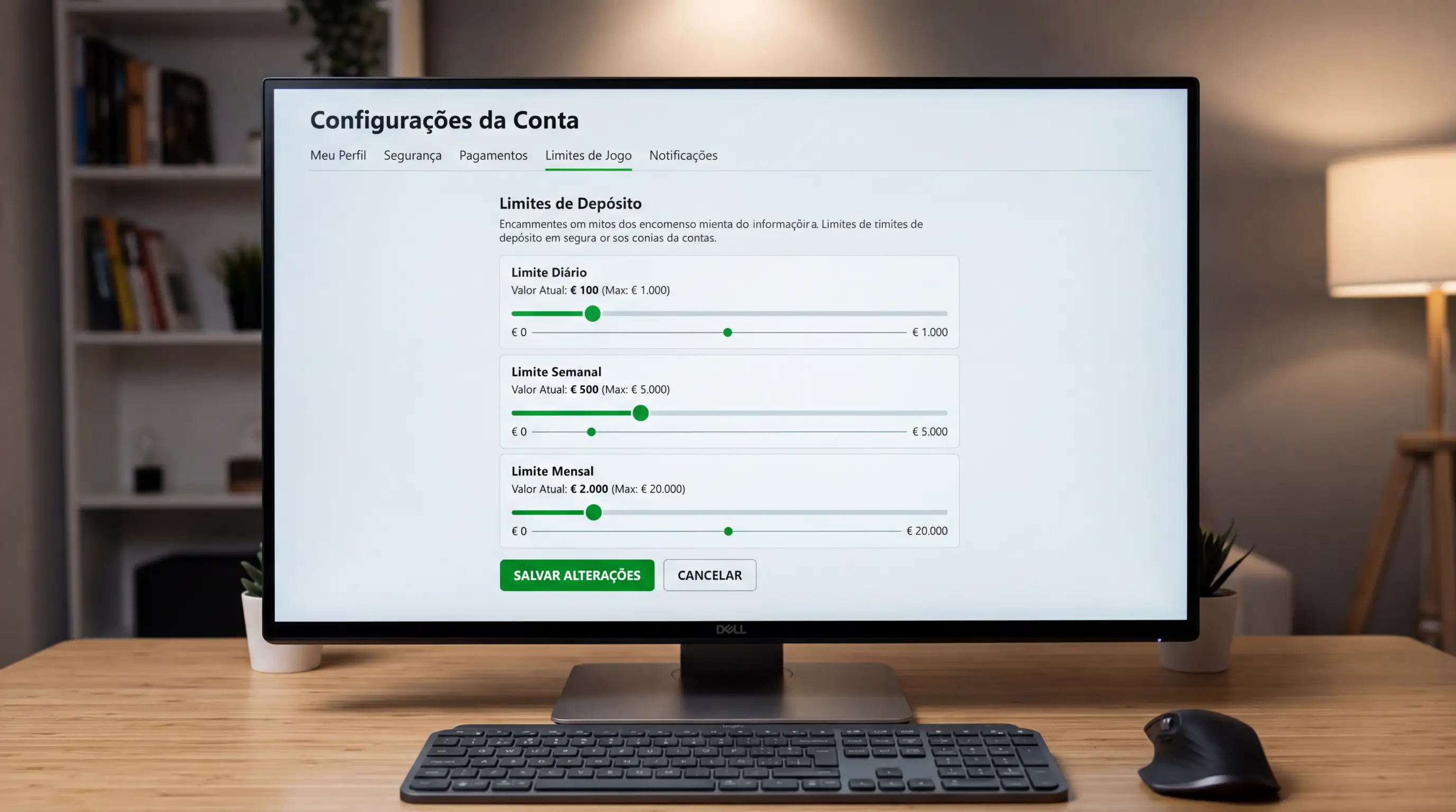 Ecrã de definições de conta numa casa de apostas com opções de limites de depósito