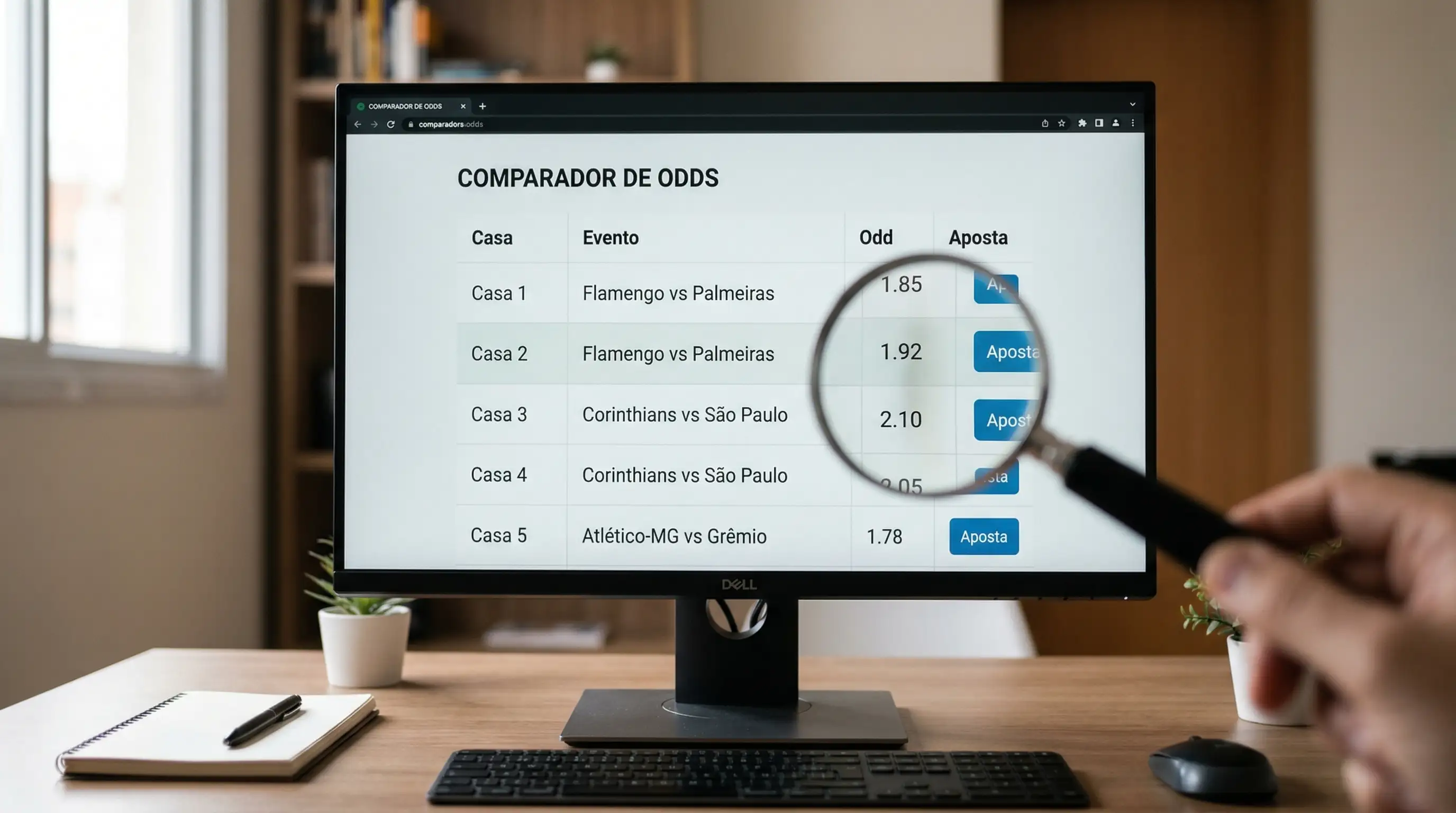 Ecrã de computador com odds de apostas desportivas e uma lupa sobre os números