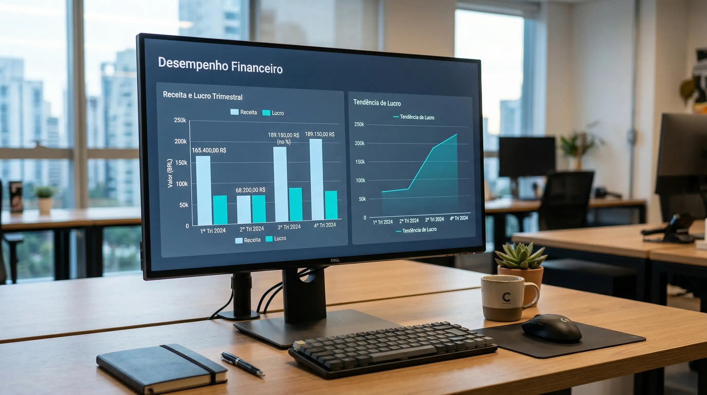Gráficos financeiros num ecrã de computador com moedas de euro sobre a secretária