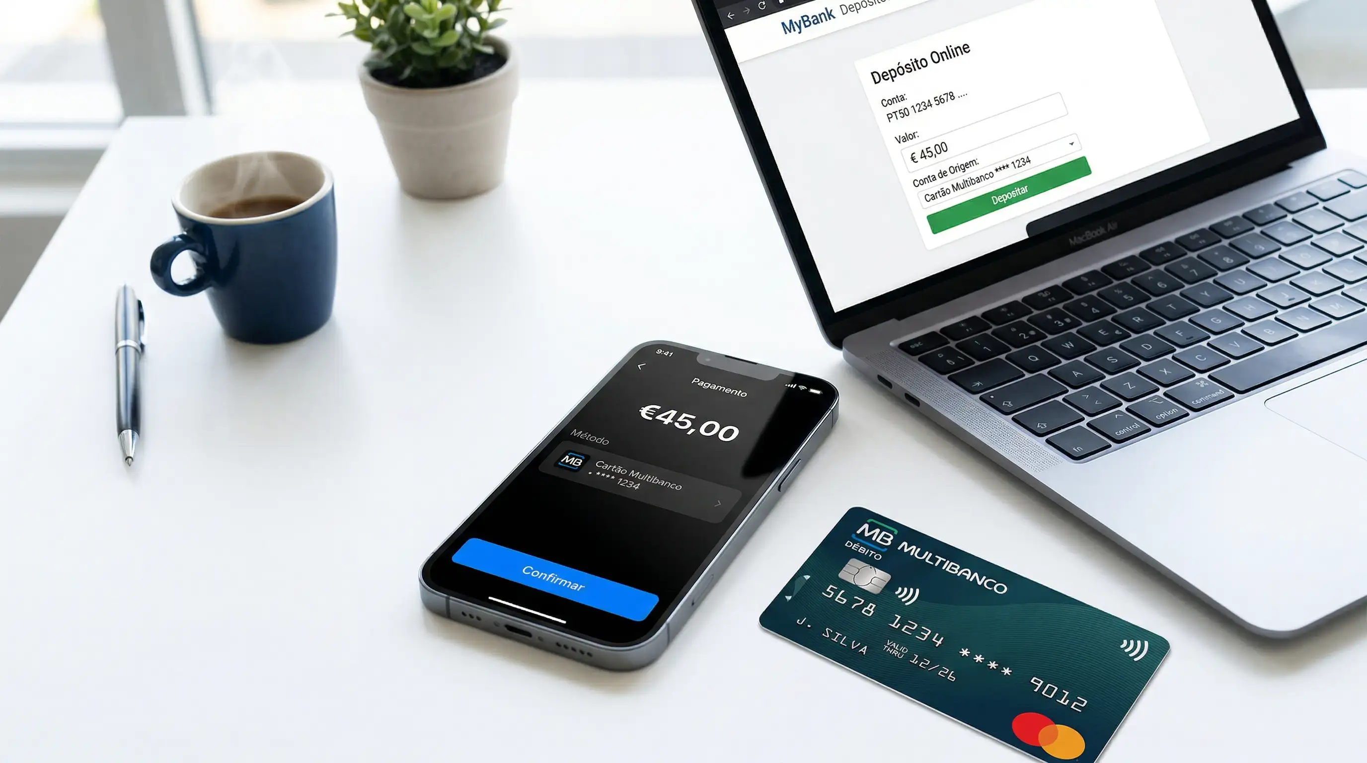 Telemóvel com a app MB Way aberta junto a um cartão multibanco e um portátil