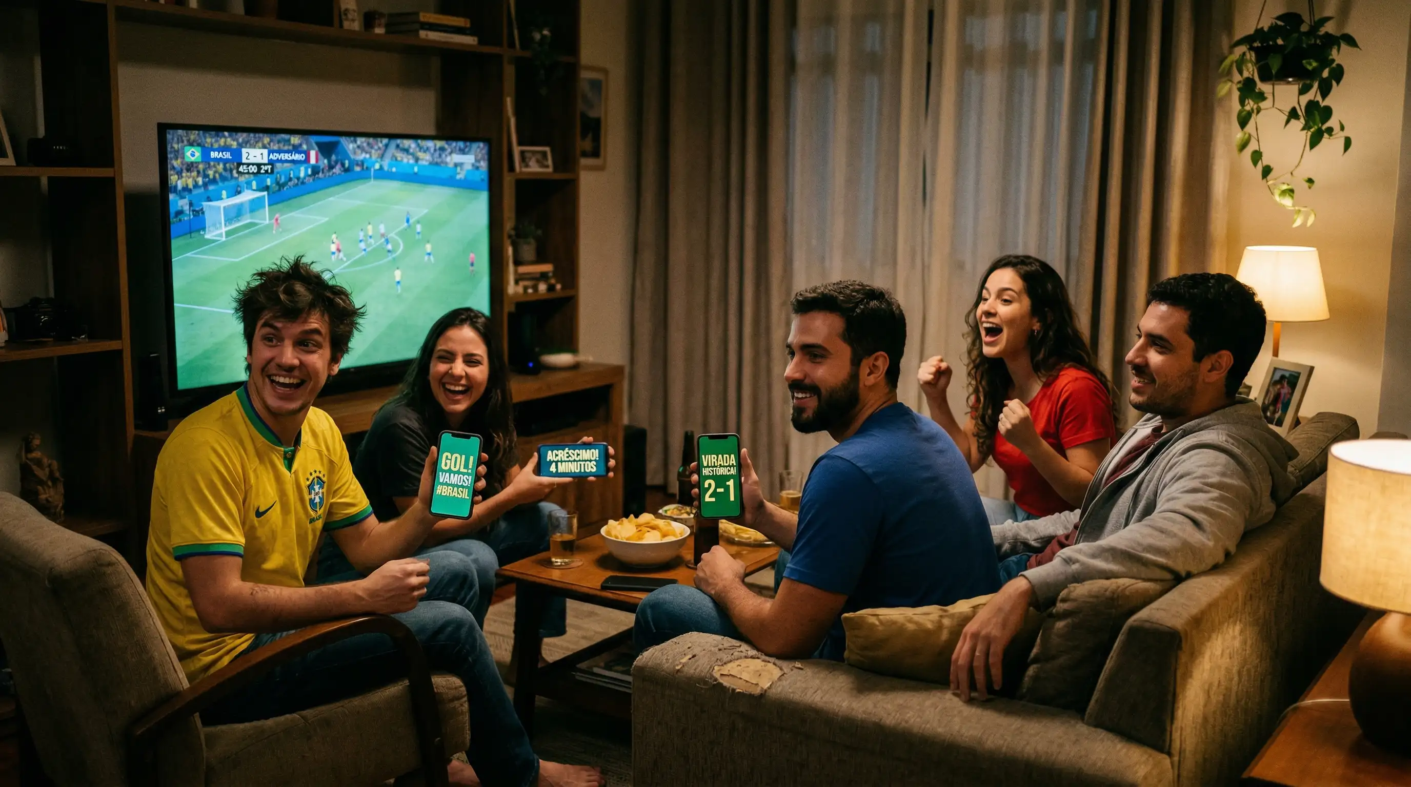Grupo de pessoas a ver um jogo de futebol num ecrã com telemóveis nas mãos