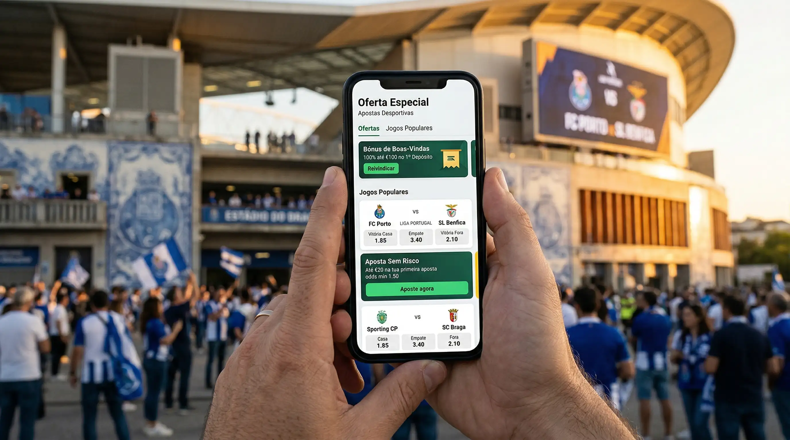 Ecrã de telemóvel com promoções de apostas desportivas e um estádio de futebol ao fundo