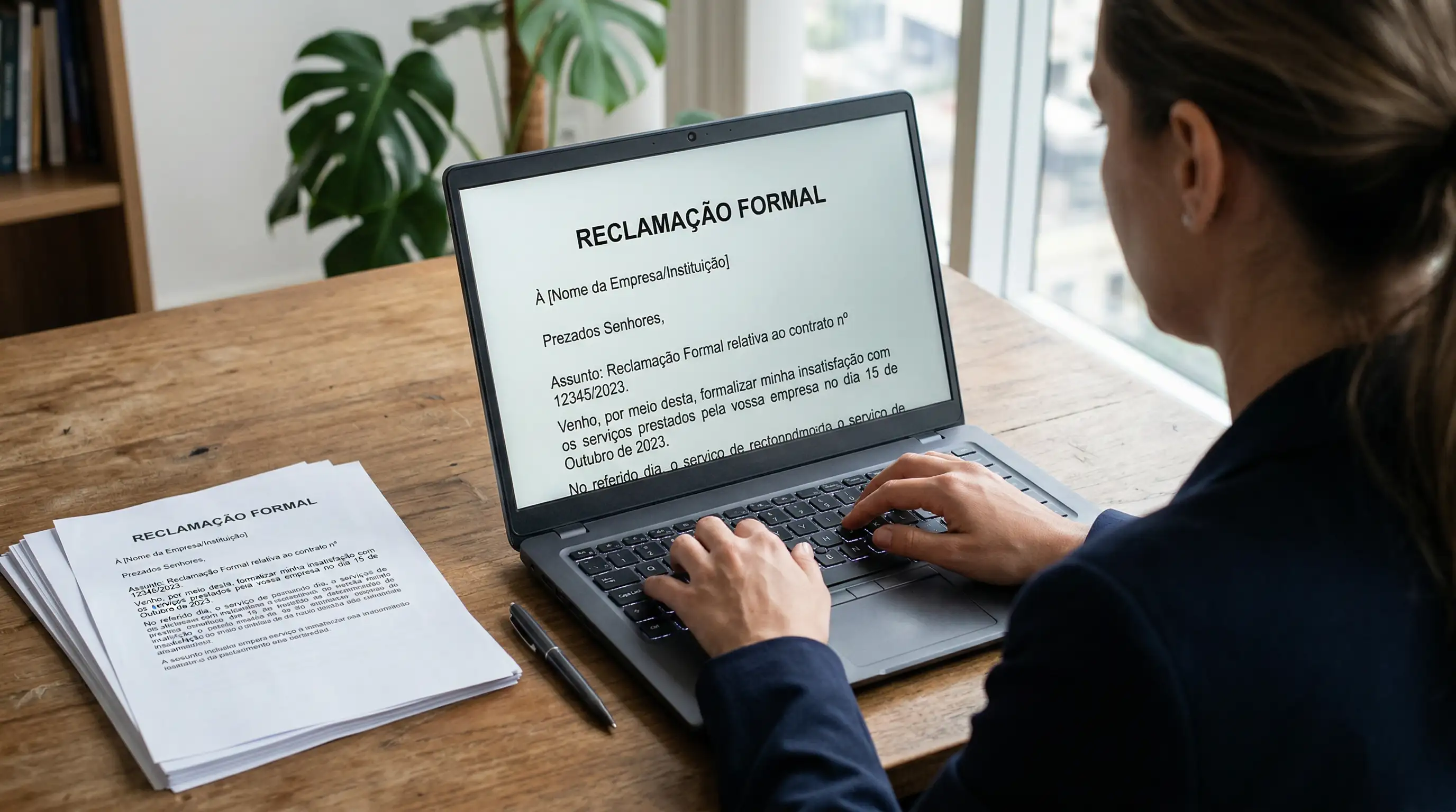 Pessoa a escrever uma reclamação num computador com documentos sobre a secretária