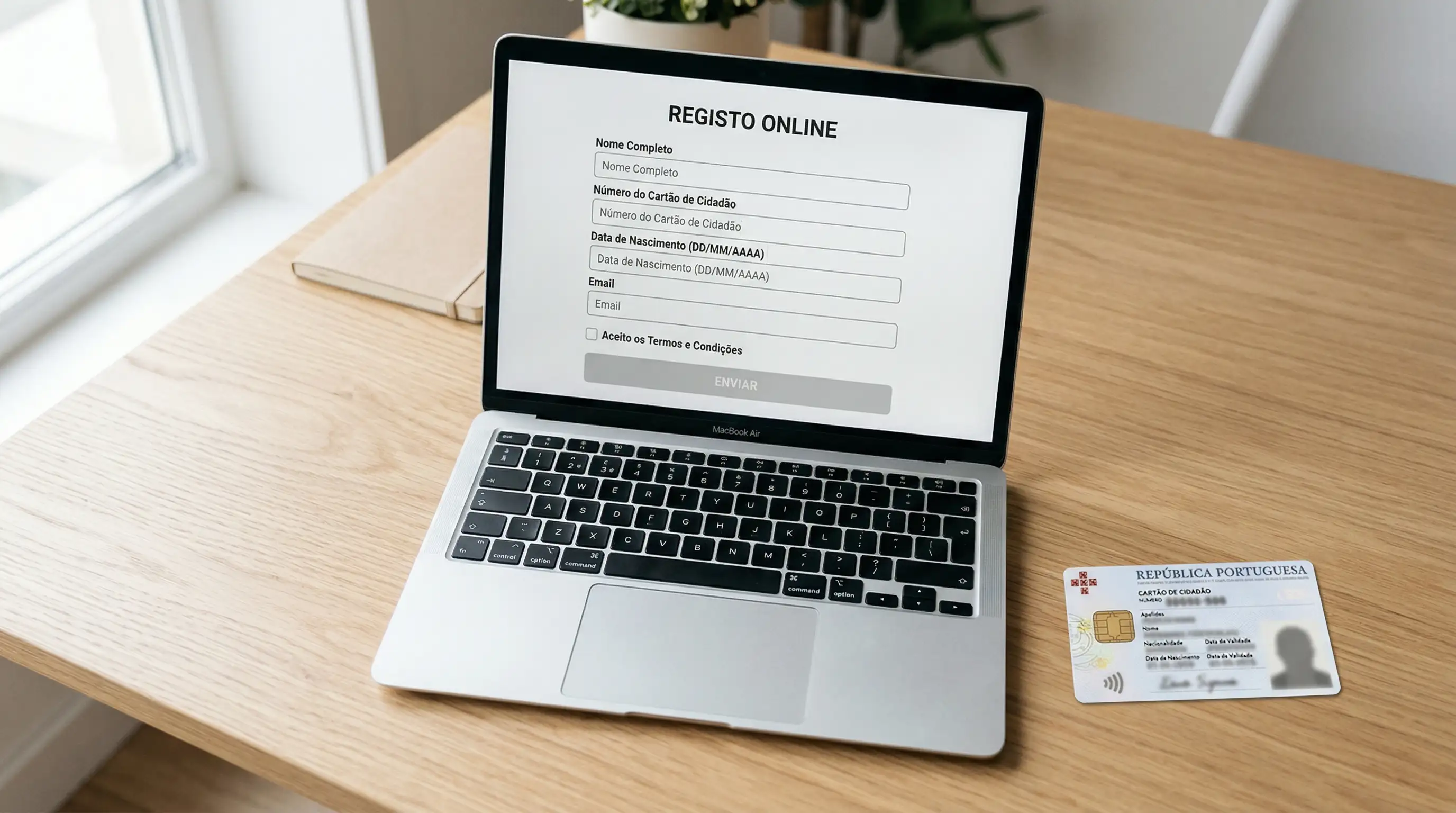 Formulário de registo online num ecrã de portátil com um Cartão de Cidadão ao lado