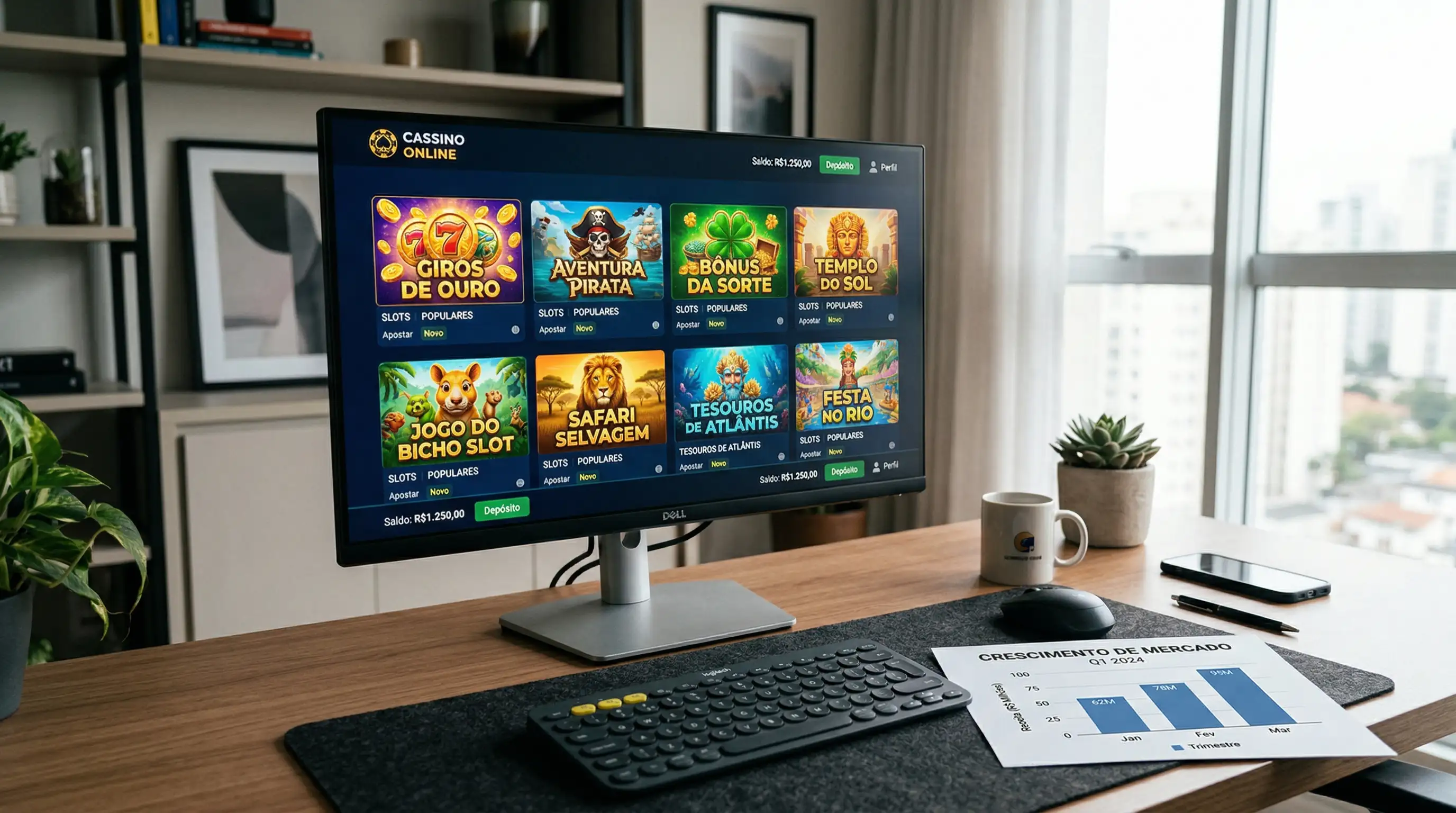 Ecrã de computador com jogos de casino online e gráficos de dados ao lado