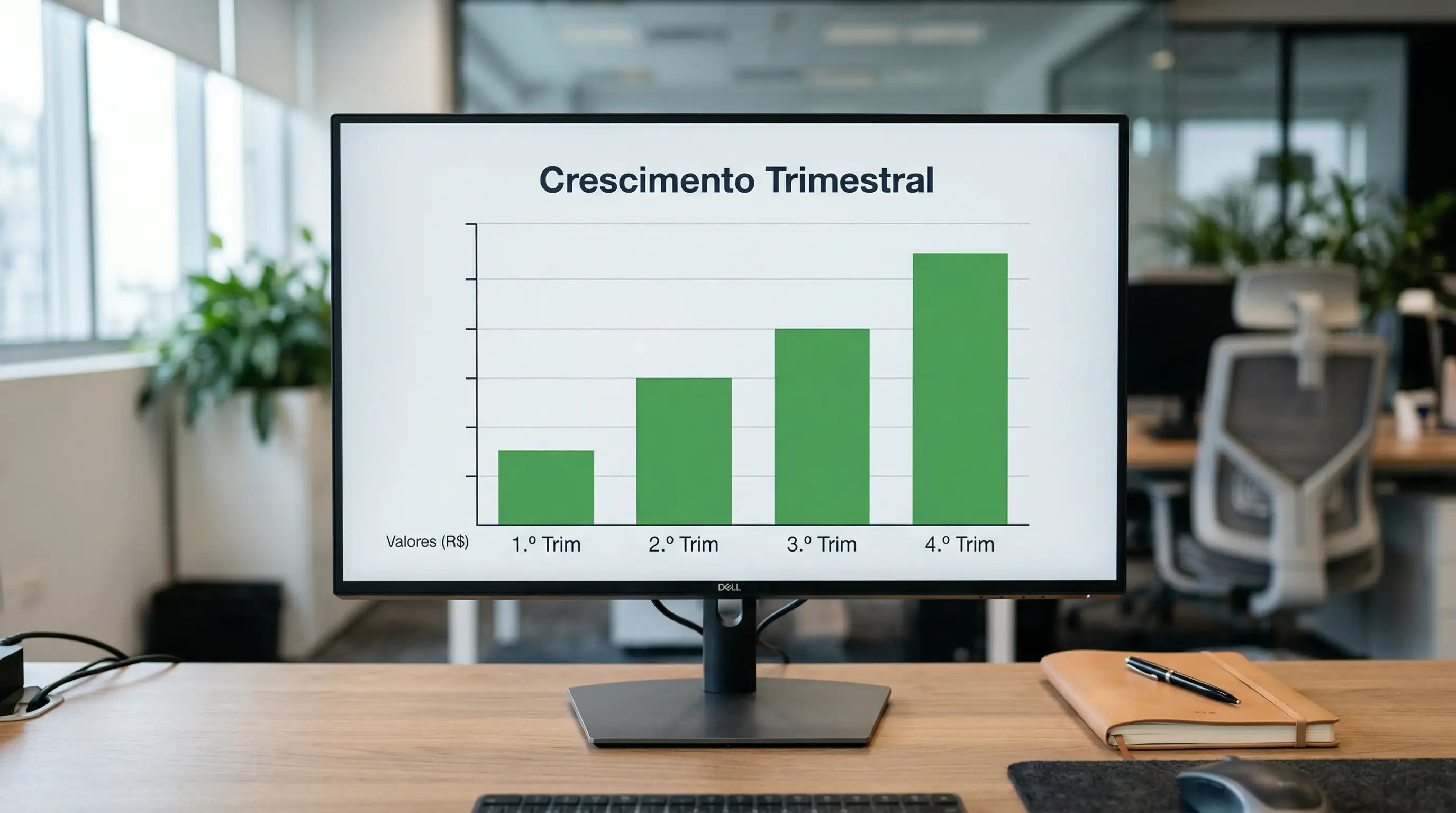 Gráfico de barras com evolução trimestral do mercado de apostas num ecrã de computador
